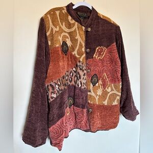 Vtg Alex Kim Artsy Tapestry Jacket 3X Floral Patchwork Boho Embroidered Animal